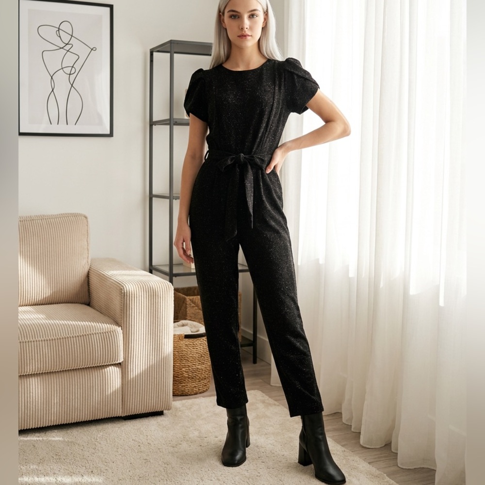 Calvin Klein Women's Shimmer Tie-Waist Cropped Jumpsuit.